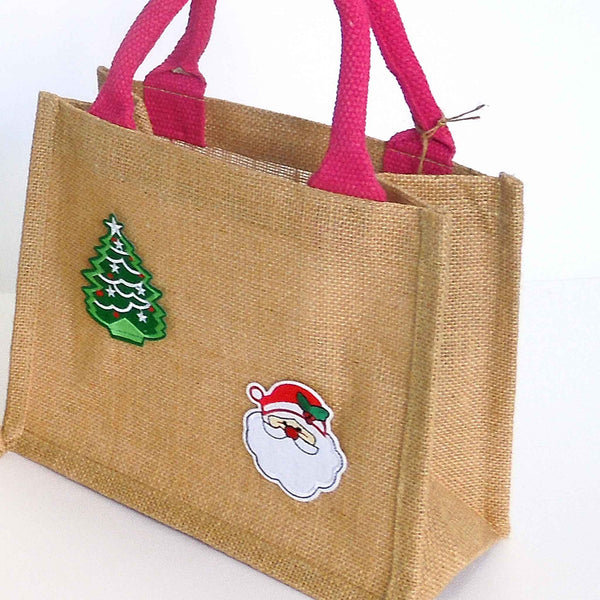 Natural Jute Bag and Christmas Motifs - Pink Padded Handles