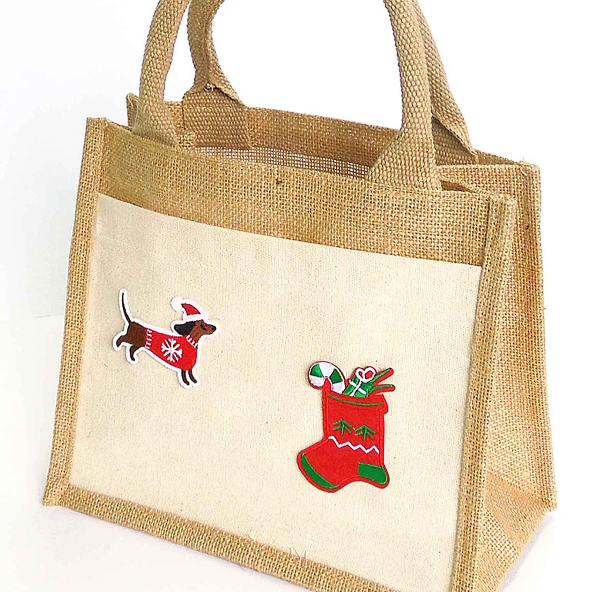 Natural Jute Bag with Pocket and Christmas Motifs - Padded Handles