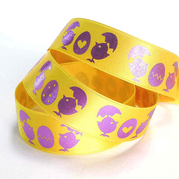 25mm Yellow and Purple Easter Egg and Chicks Metallic Satin Ribbon