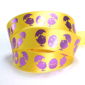 25mm Yellow and Purple Easter Egg and Chicks Metallic Satin Ribbon