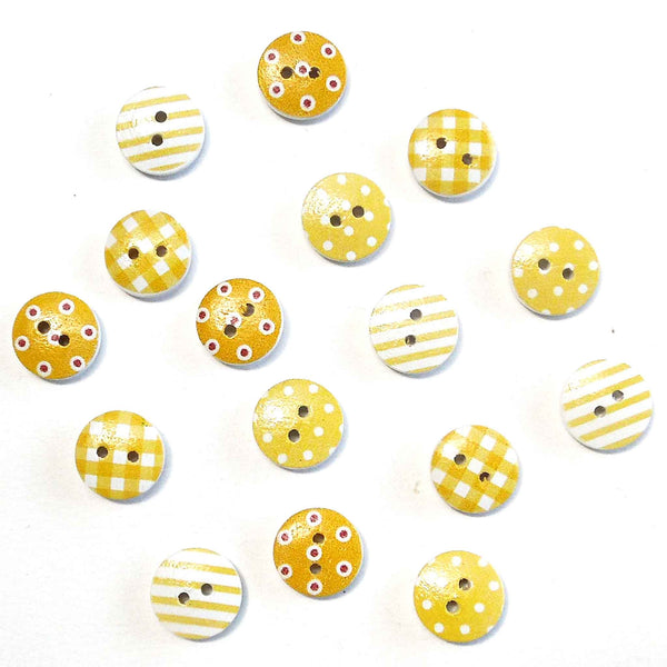 15mm Patterned Wooden Craft Buttons - Yellow - Pack of 16