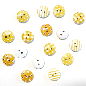 15mm Patterned Wooden Craft Buttons - Yellow - Pack of 16