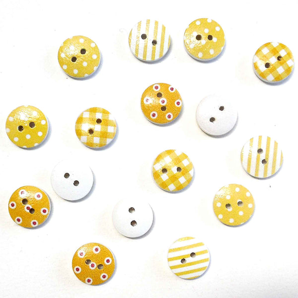 15mm Patterned Wooden Craft Buttons - Yellow - Pack of 16