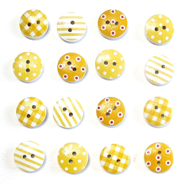 15mm Patterned Wooden Craft Buttons - Yellow - Pack of 16