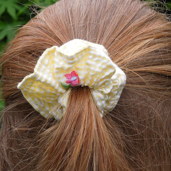 Cotton Scrunchies - Set of 2 on Gift Card - Pink and Yellow Gingham with Embroidered Flowers - Handmade in Pure Cotton