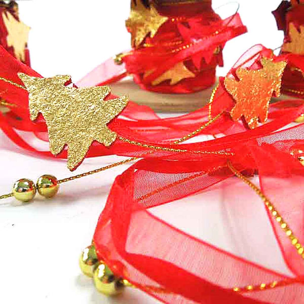 25mm Red and Gold Christmas Tree Organza & Wood Trim on Wooden Spool