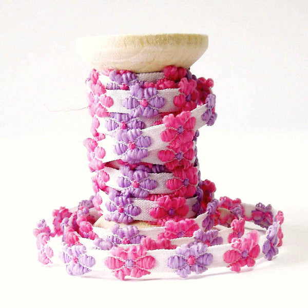 8mm Lilac and Pink Floral Trim on Wooden Bobbin - 2 Metres