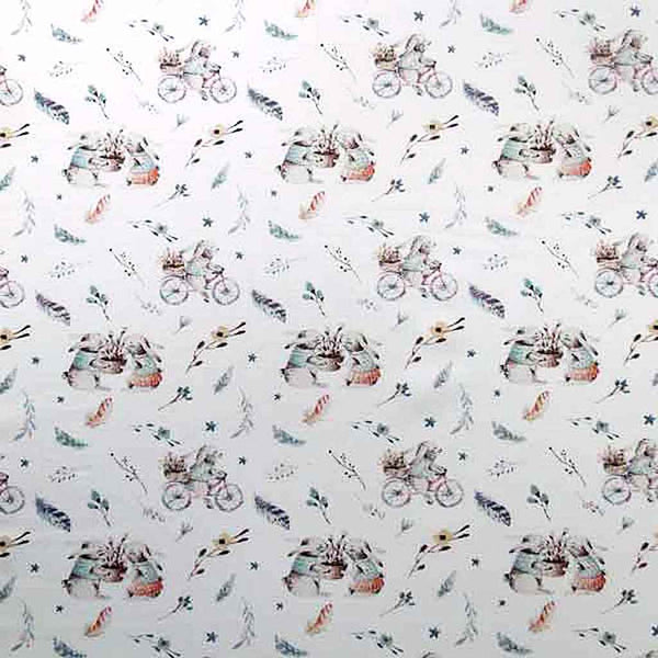 Ivory Rabbits on Bicycles Cotton Fabric by John Louden