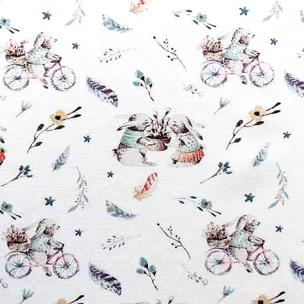 Ivory Rabbits on Bicycles Cotton Fabric by John Louden