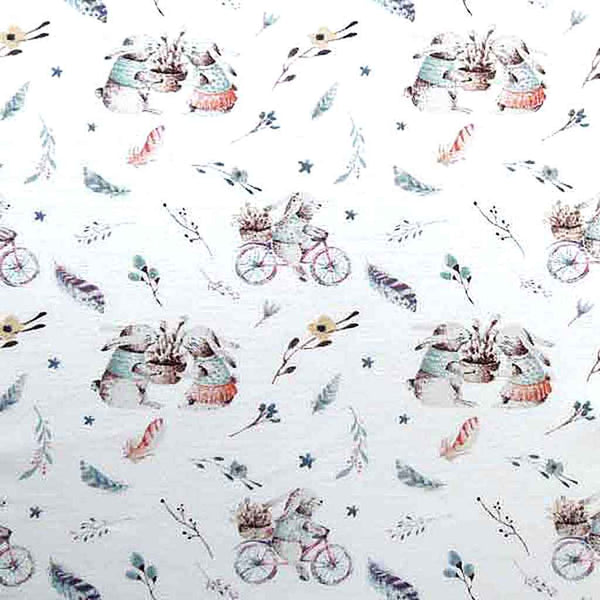 Ivory Rabbits on Bicycles Cotton Fabric by John Louden