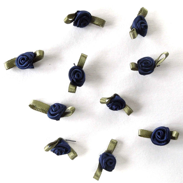 20mm Ribbon Roses - Navy Blue with Green Leaves - Small - Pack of 15