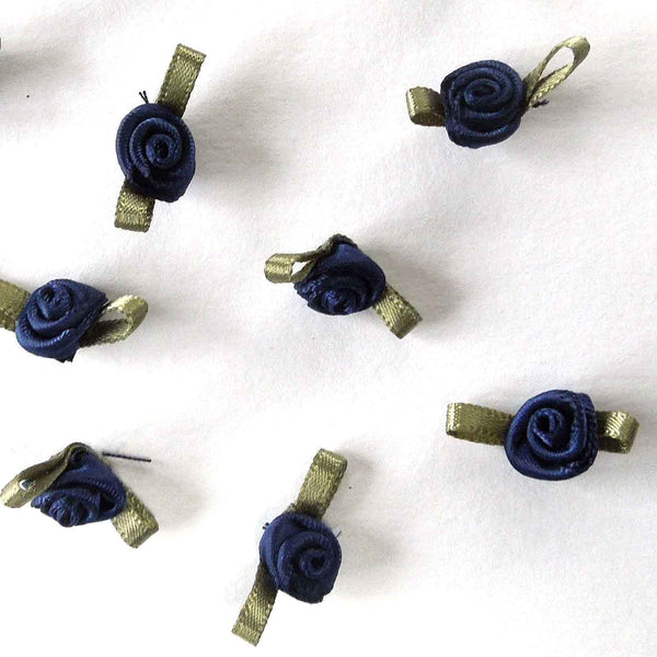 20mm Ribbon Roses - Navy Blue with Green Leaves - Small - Pack of 15