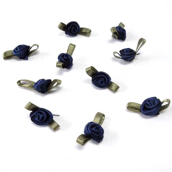 20mm Ribbon Roses - Navy Blue with Green Leaves - Small - Pack of 15