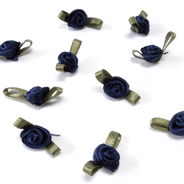 20mm Ribbon Roses - Navy Blue with Green Leaves - Small - Pack of 15