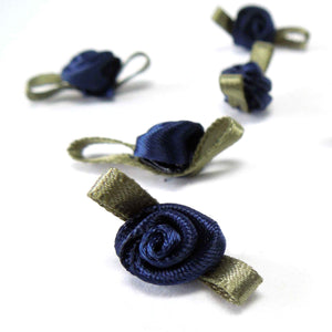 20mm Ribbon Roses - Navy Blue with Green Leaves - Small - Pack of 15