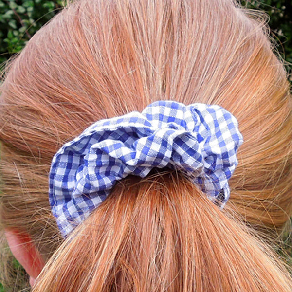 Cotton Scrunchies - Set of 2 on Gift Card - Pale Blue - Royal Blue Gingham - Handmade in Pure Cotton