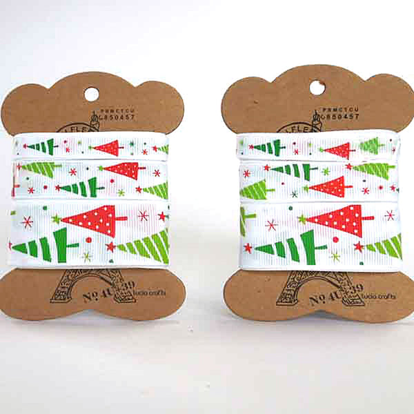 Red and Green Christmas Tree White Ribbon - Grosgrain - 10mm - 16mm - 25mm