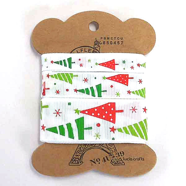 Red and Green Christmas Tree White Ribbon - Grosgrain - 10mm - 16mm - 25mm