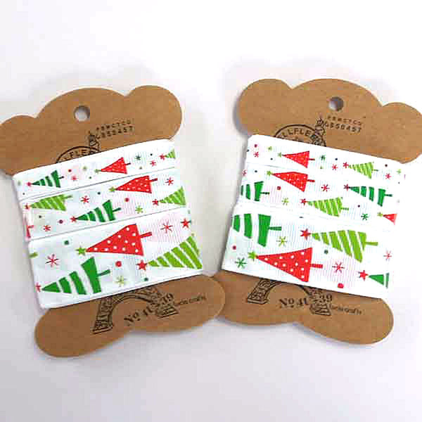 Red and Green Christmas Tree White Ribbon - Grosgrain - 10mm - 16mm - 25mm