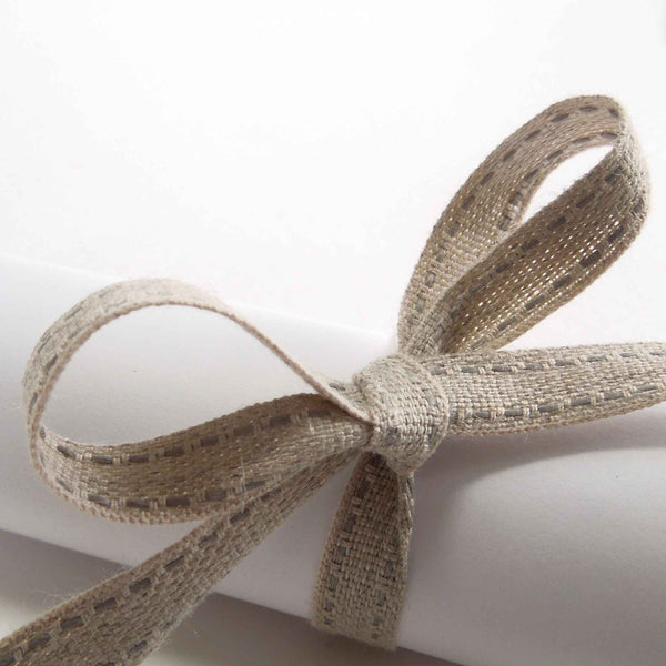 Top Stitched Linen Ribbon Grey and Natural La Stephanoise - 10mm