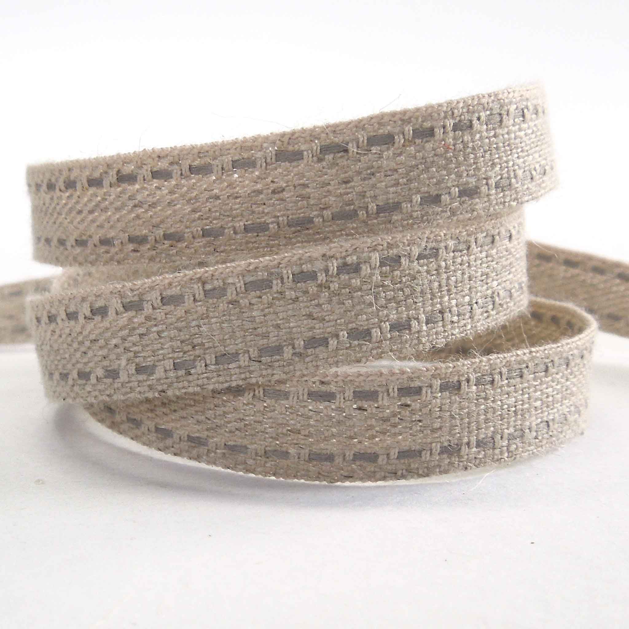 Top Stitched Linen Ribbon Grey and Natural La Stephanoise - 10mm