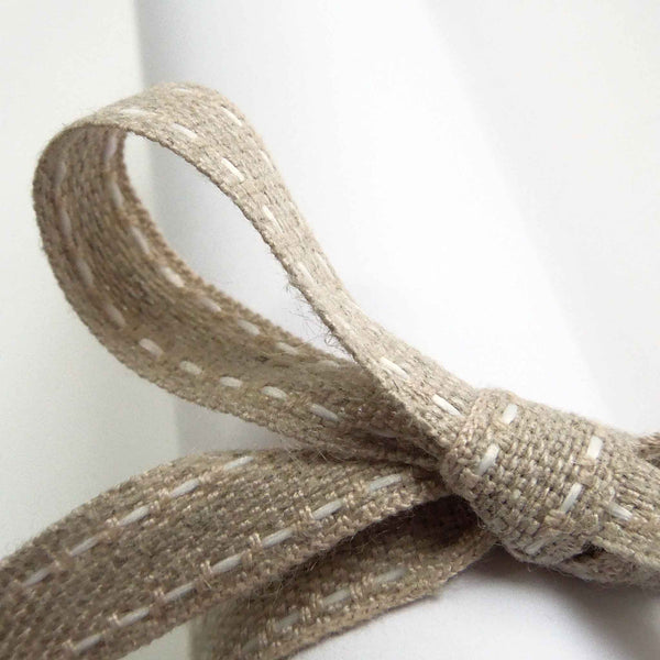 Top Stitched Linen Ribbon White and Natural La Stephanoise - 10mm