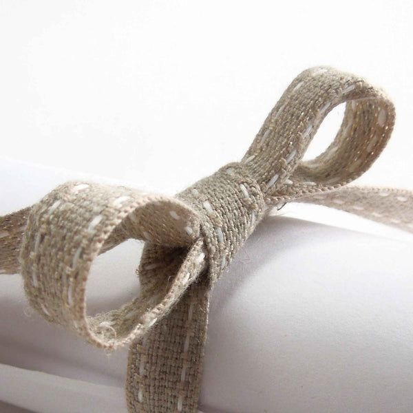 Top Stitched Linen Ribbon White and Natural La Stephanoise - 10mm