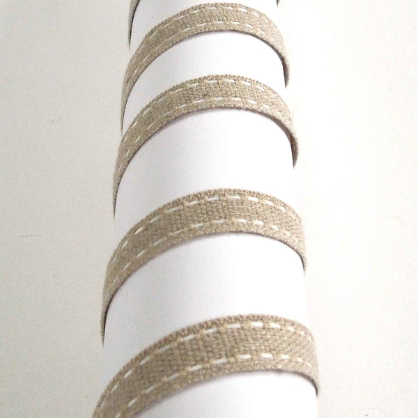 Top Stitched Linen Ribbon White and Natural La Stephanoise - 10mm