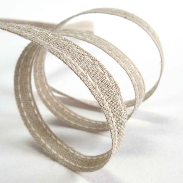 Top Stitched Linen Ribbon White and Natural La Stephanoise - 10mm