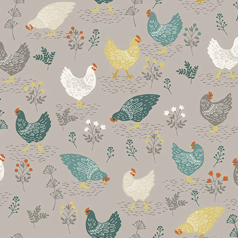 Grey Hens Cotton Fabric by Makower 2262/S, Clara's Garden Collection