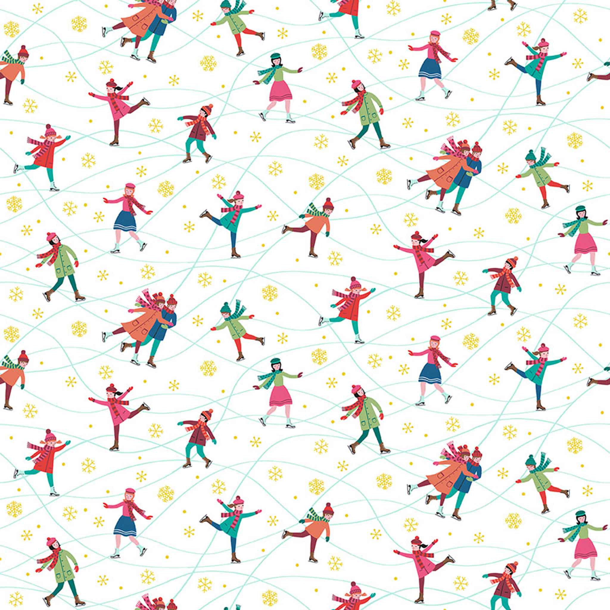 on White Cotton Fabric Gold Metallic - Makower 2465/W- Christmas Skaters