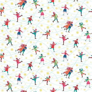 on White Cotton Fabric Gold Metallic - Makower 2465/W- Christmas Skaters