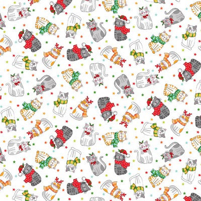 Christmas Cats Scatter Cotton Fabric - White - Makower 2476/W - Santa Paws