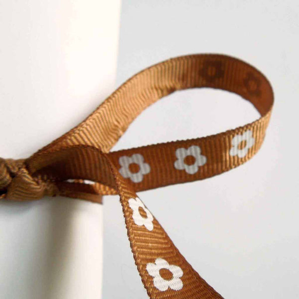 10 mm Chestnut Brown Flower Ribbon on Wooden Bobbin