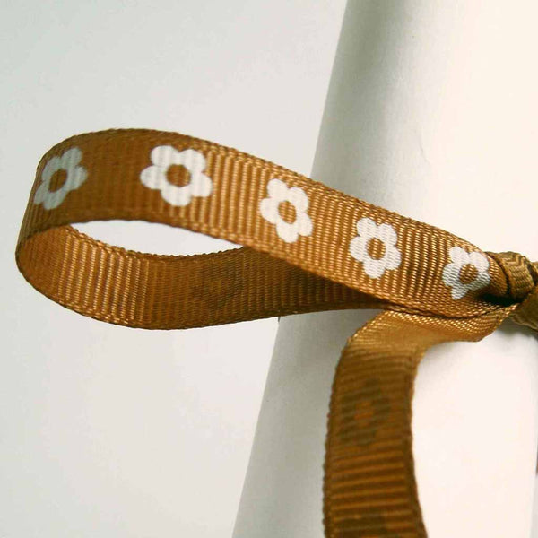 10 mm Chestnut Brown Flower Ribbon on Wooden Bobbin