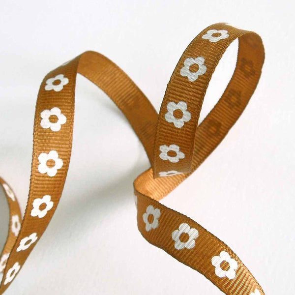 10 mm Chestnut Brown Flower Ribbon on Wooden Bobbin