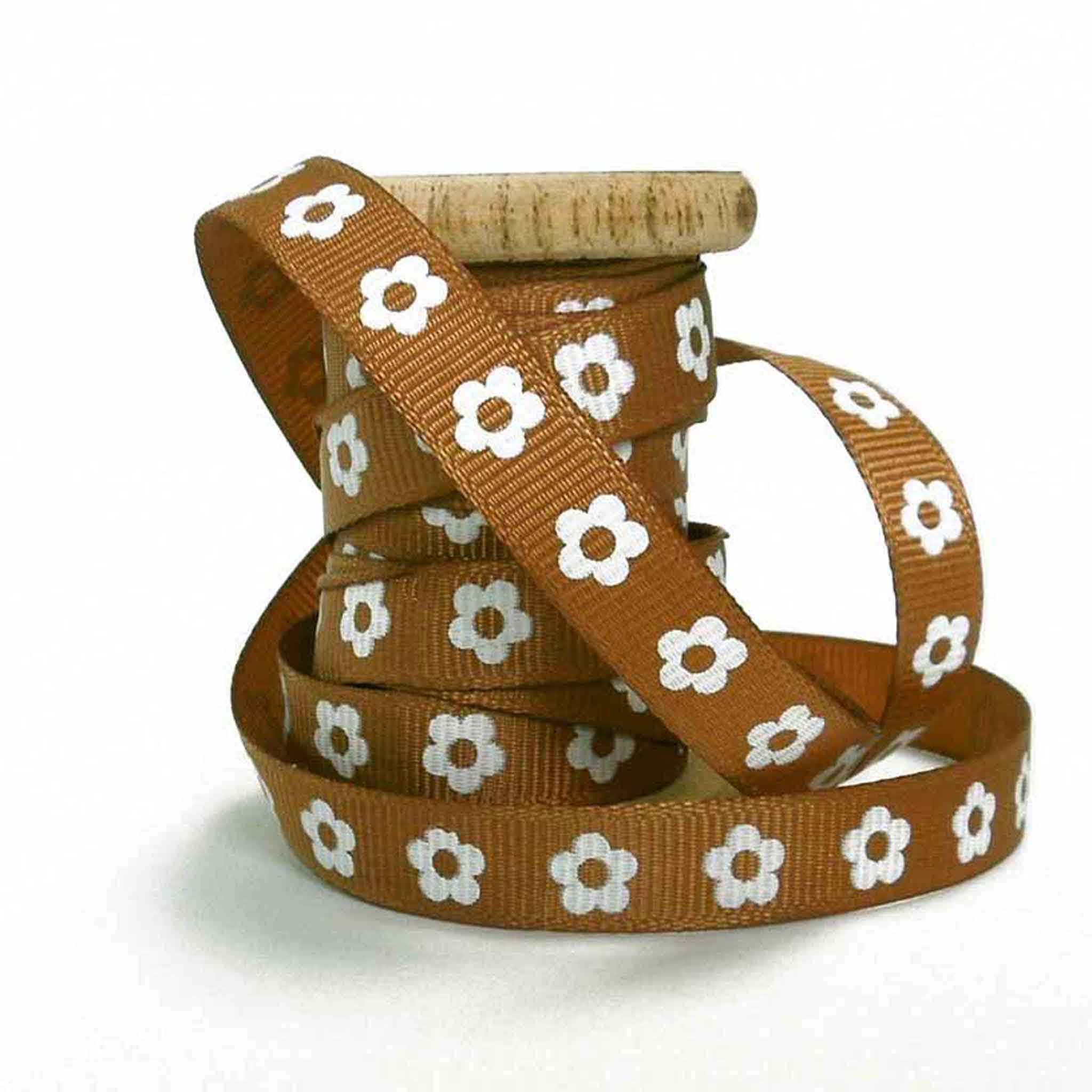 10 mm Chestnut Brown Flower Ribbon on Wooden Bobbin