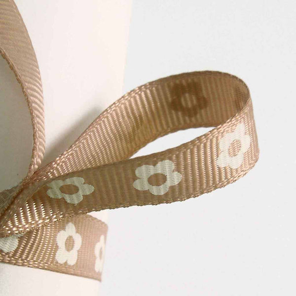 10 mm Light Brown Flower Ribbon on Wooden Bobbin