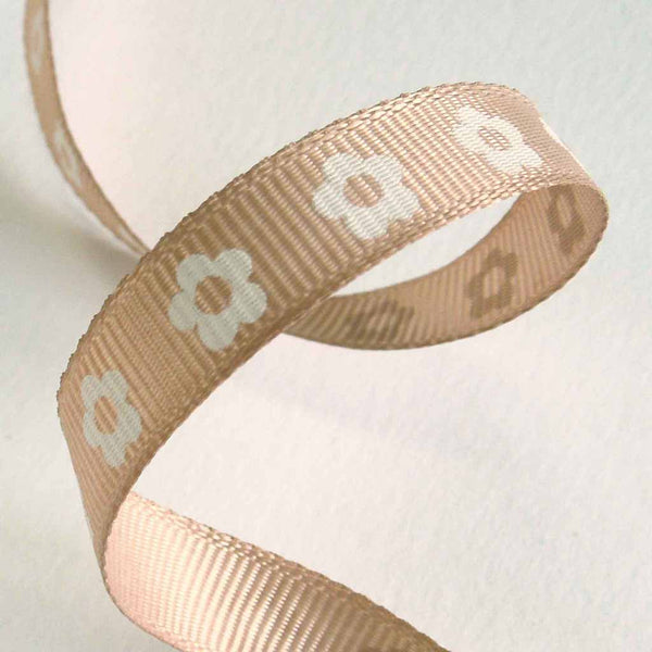 10 mm Light Brown Flower Ribbon on Wooden Bobbin