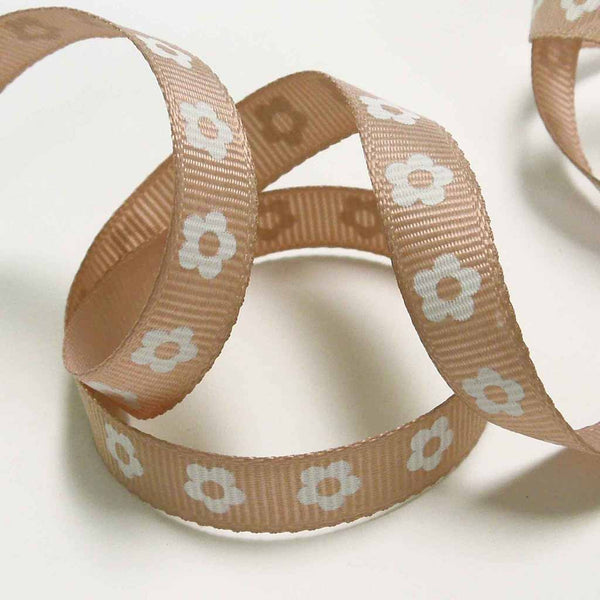 10 mm Light Brown Flower Ribbon on Wooden Bobbin