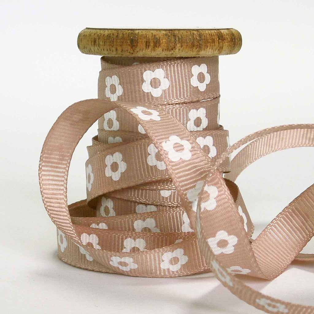 10 mm Light Brown Flower Ribbon on Wooden Bobbin