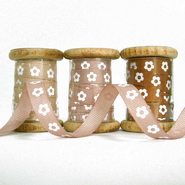 10 mm Light Brown Flower Ribbon on Wooden Bobbin