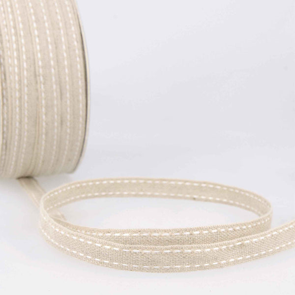 Top Stitched Linen Ribbon - White and Natural - La Stephanoise - 10mm