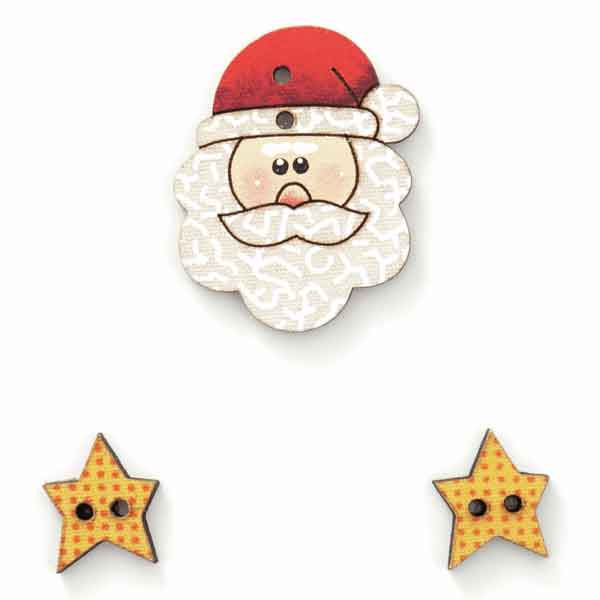 25mm Xmas Santa with Stars Fabric Covered Wooden Buttons - Pack of 3