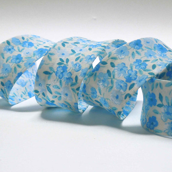 25mm Cotton Bias Binding Pale Blue Floral on White - Single Fold