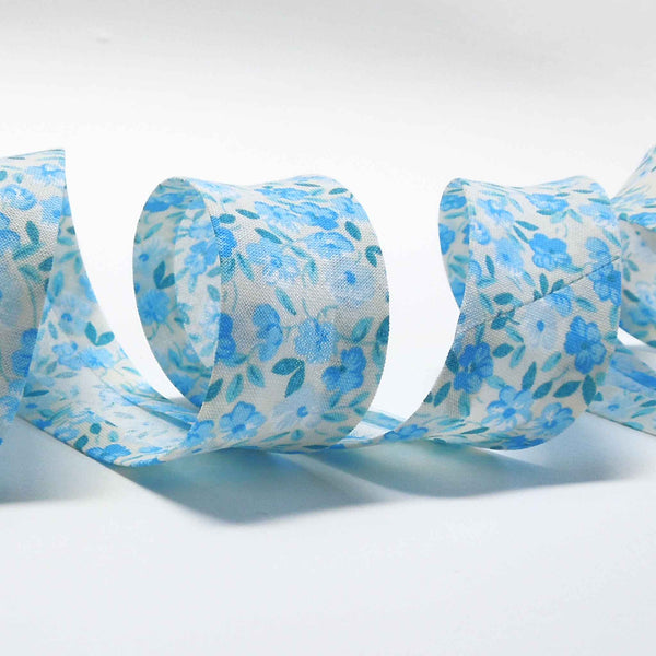 25mm Cotton Bias Binding Pale Blue Floral on White - Single Fold