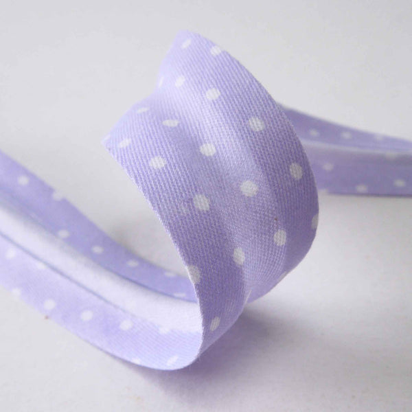 20mm Cotton Bias Binding Lilac and White Polka Dot - Single Fold