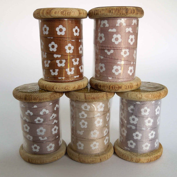 10 mm Light Brown Flower Ribbon on Wooden Bobbin