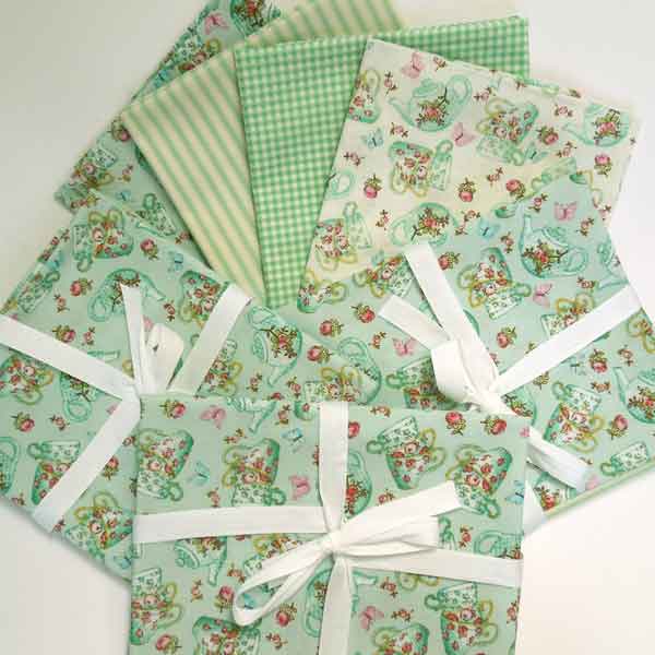 Green Teapot and Teacups Bundle, Rose & Hubble Cotton Fat Quarter Pack