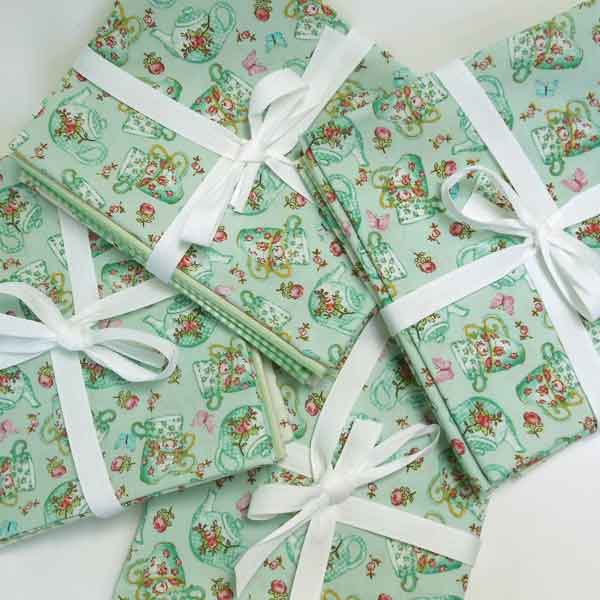 Green Teapot and Teacups Bundle, Rose & Hubble Cotton Fat Quarter Pack